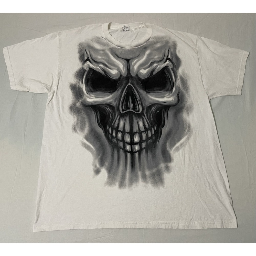 Vintage Y2K Skull Print T Shirt Mens Size XL White‎ Cyber Goth Skater Horror